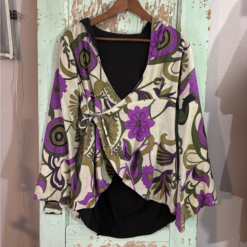 Women’s purple and green floral hooded wrap blouse